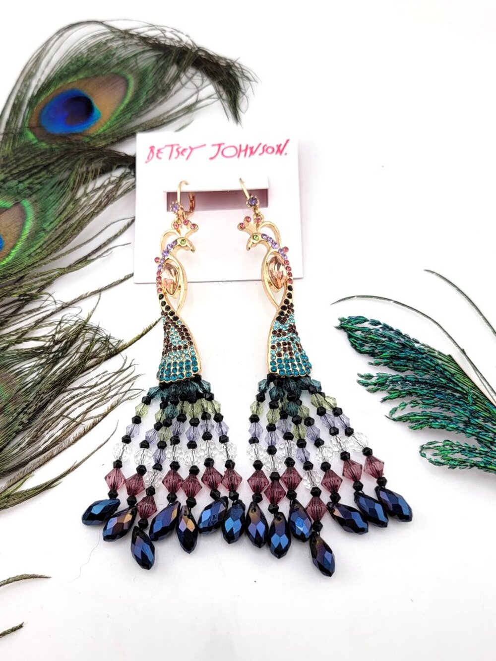 Betsey Johnson Peacock Earrings Statement Beaded Rhinestone Dangle Boho Glam